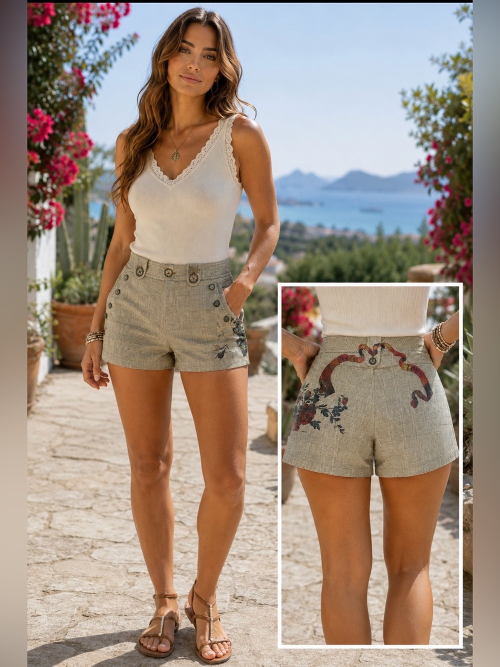 Butterfly Dropout beige plaid shorts with floral accent